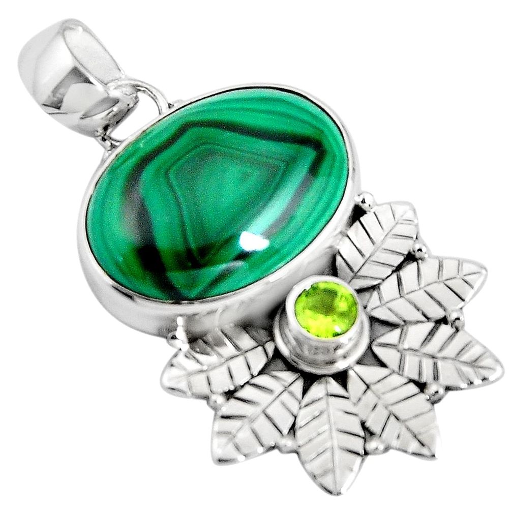 14.23cts natural green malachite (pilot's stone) 925 silver pendant p90272