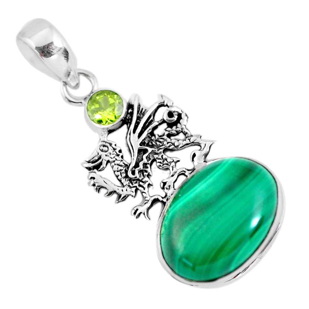 15.61cts natural green malachite (pilot's stone) silver dragon pendant p56825