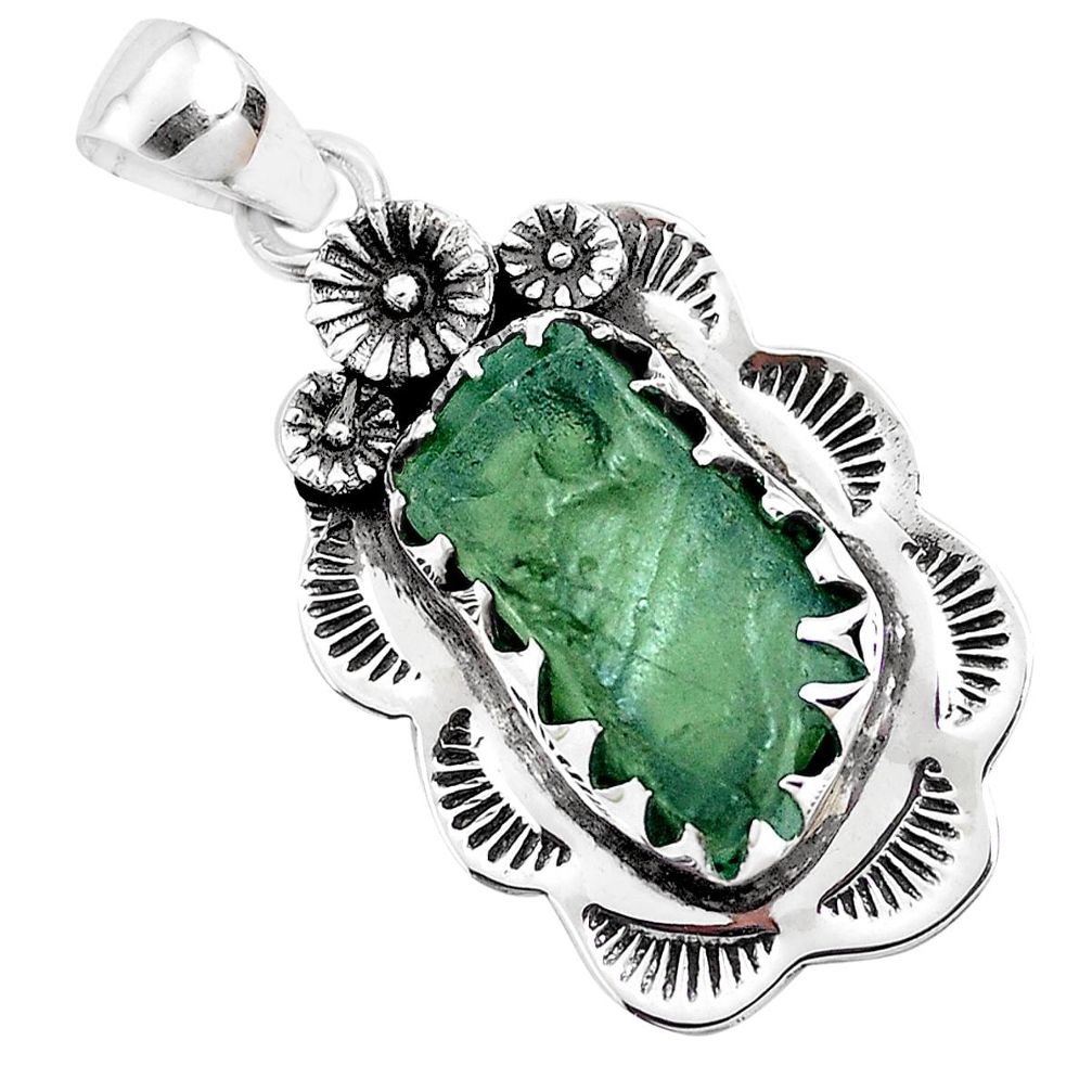 8.22cts natural green moldavite (genuine czech) 925 silver flower pendant p41985