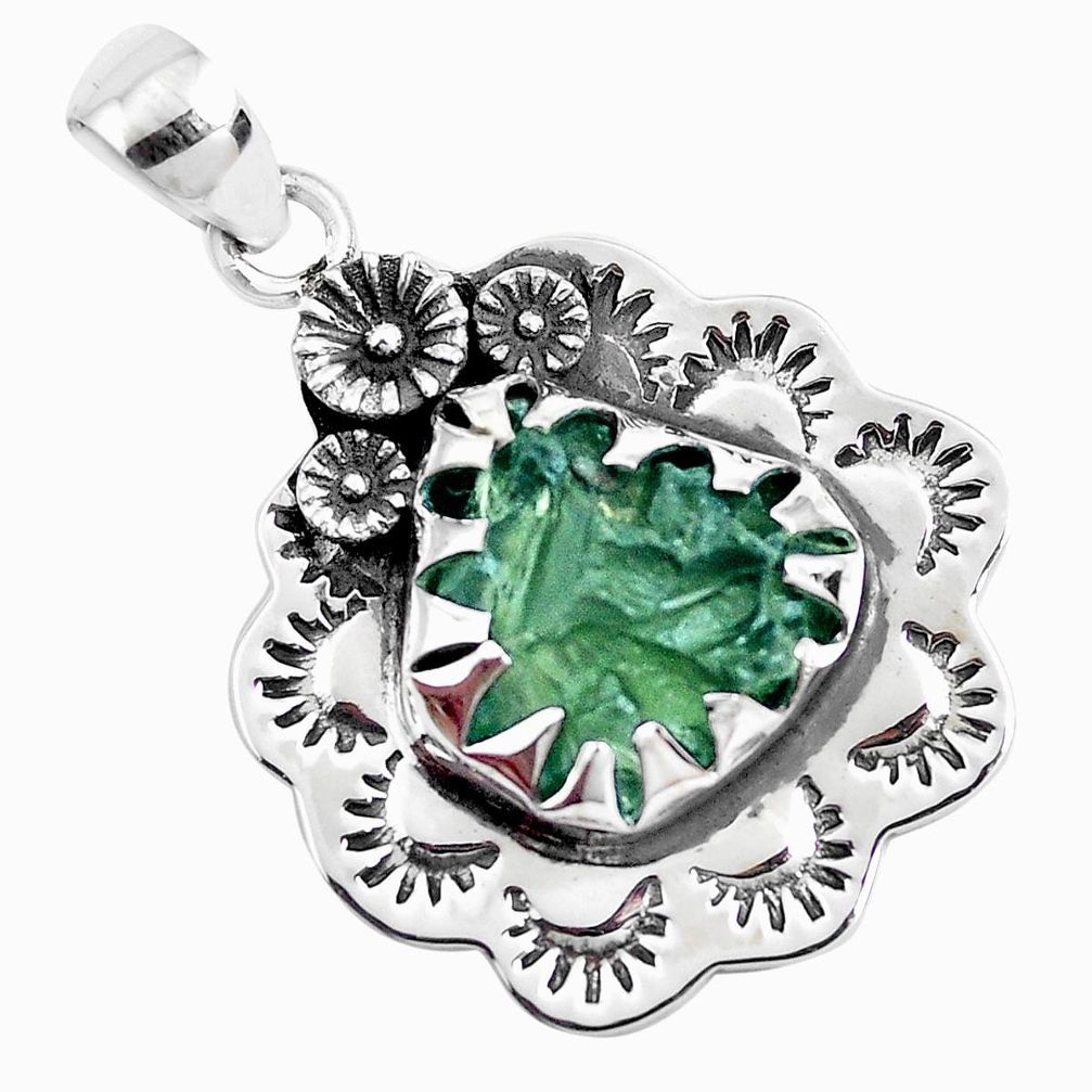 8.42cts natural green moldavite (genuine czech) 925 silver flower pendant p41986