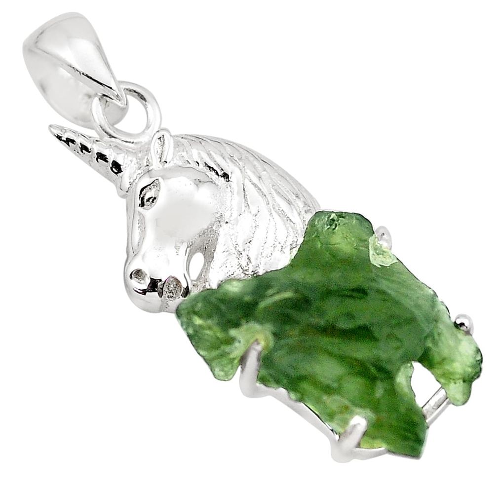 8.68cts natural green moldavite (genuine czech) 925 silver horse pendant p87028