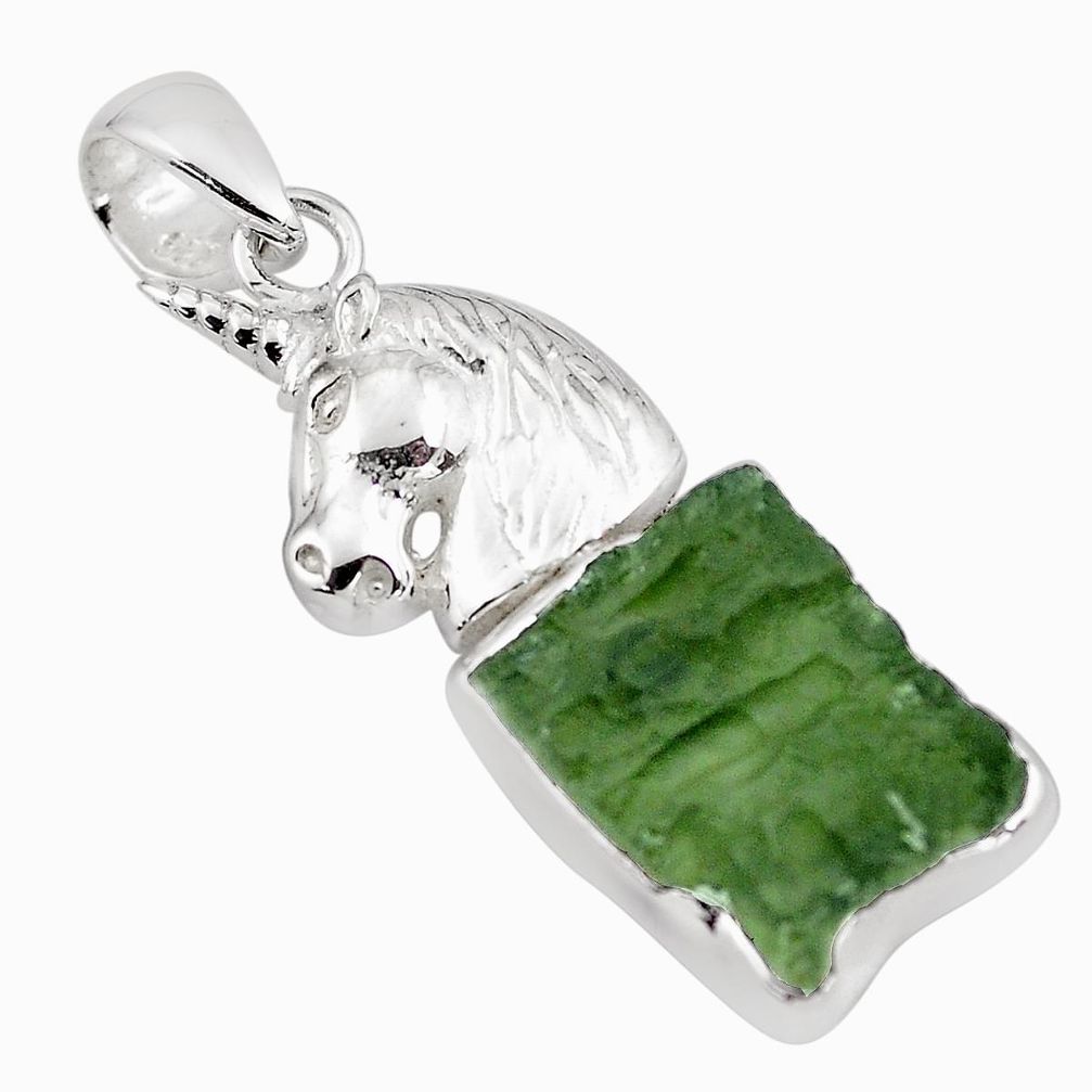 9.32cts natural green moldavite (genuine czech) 925 silver horse pendant p87294