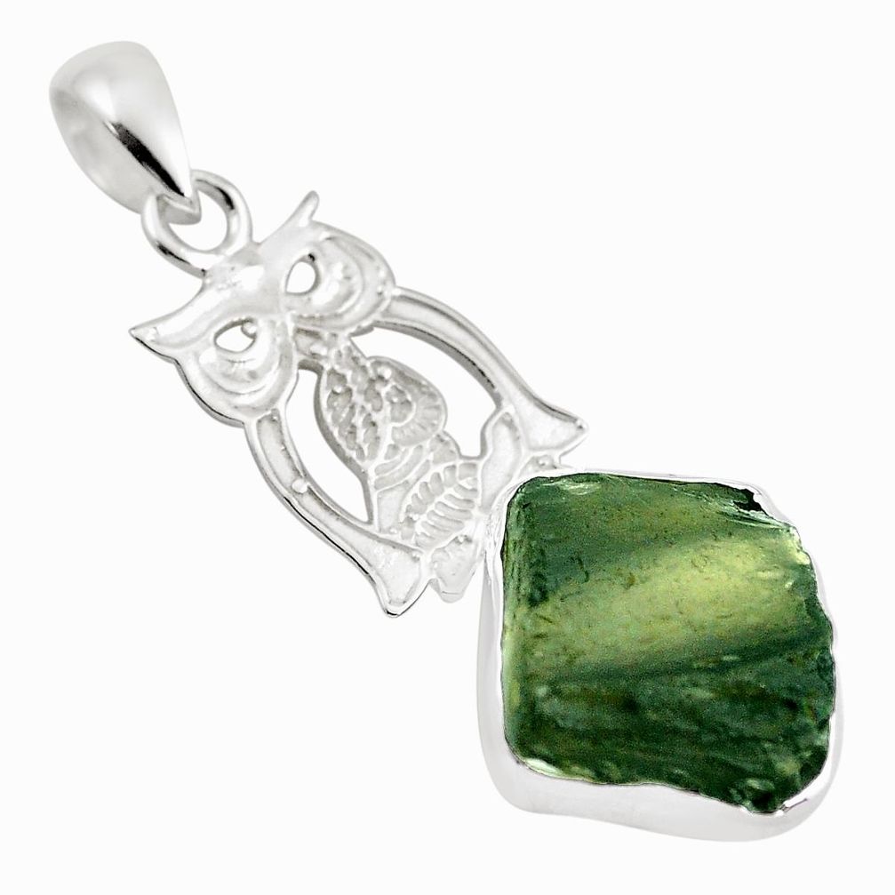 8.26cts natural green moldavite (genuine czech) 925 silver owl pendant p87296