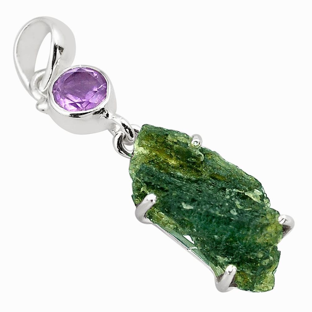 9.55cts natural green moldavite (genuine czech) 925 silver pendant p87112