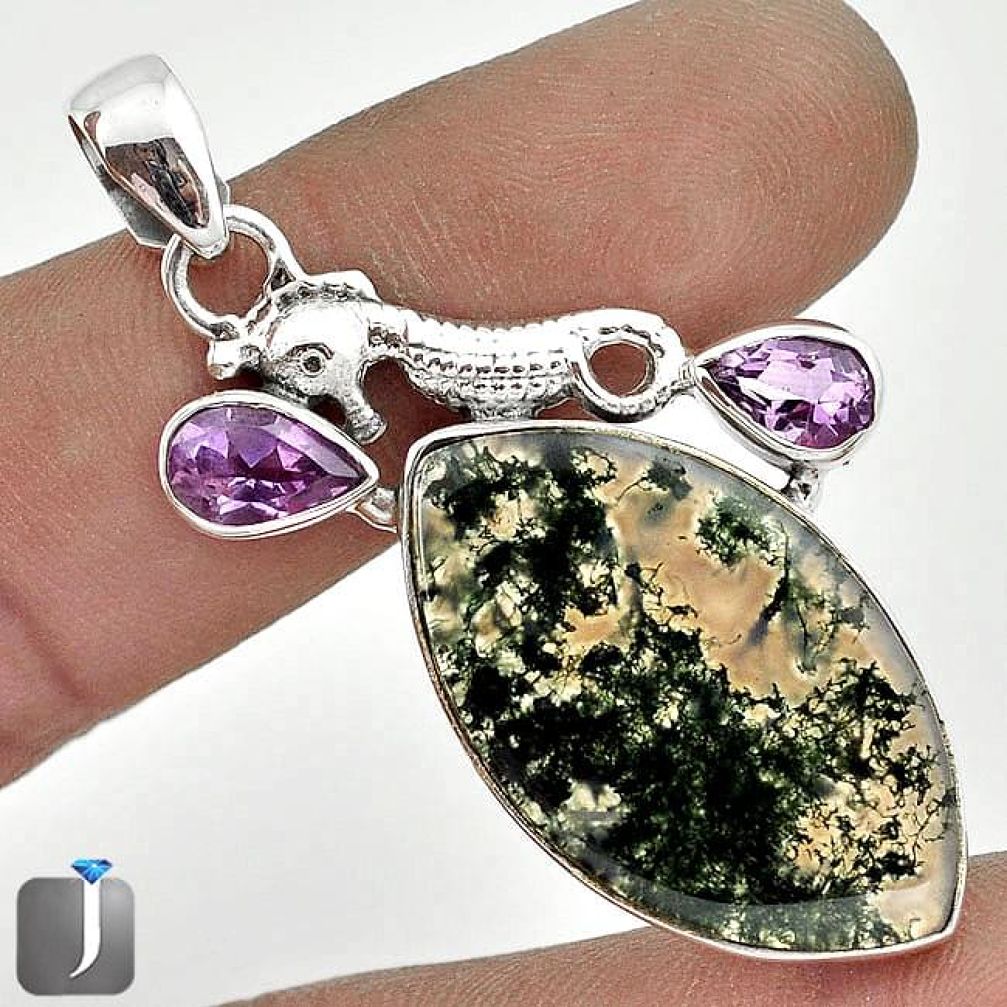 NATURAL GREEN MOSS AGATE AMETHYST 925 SILVER SEAHORSE PENDANT JEWELRY G27839