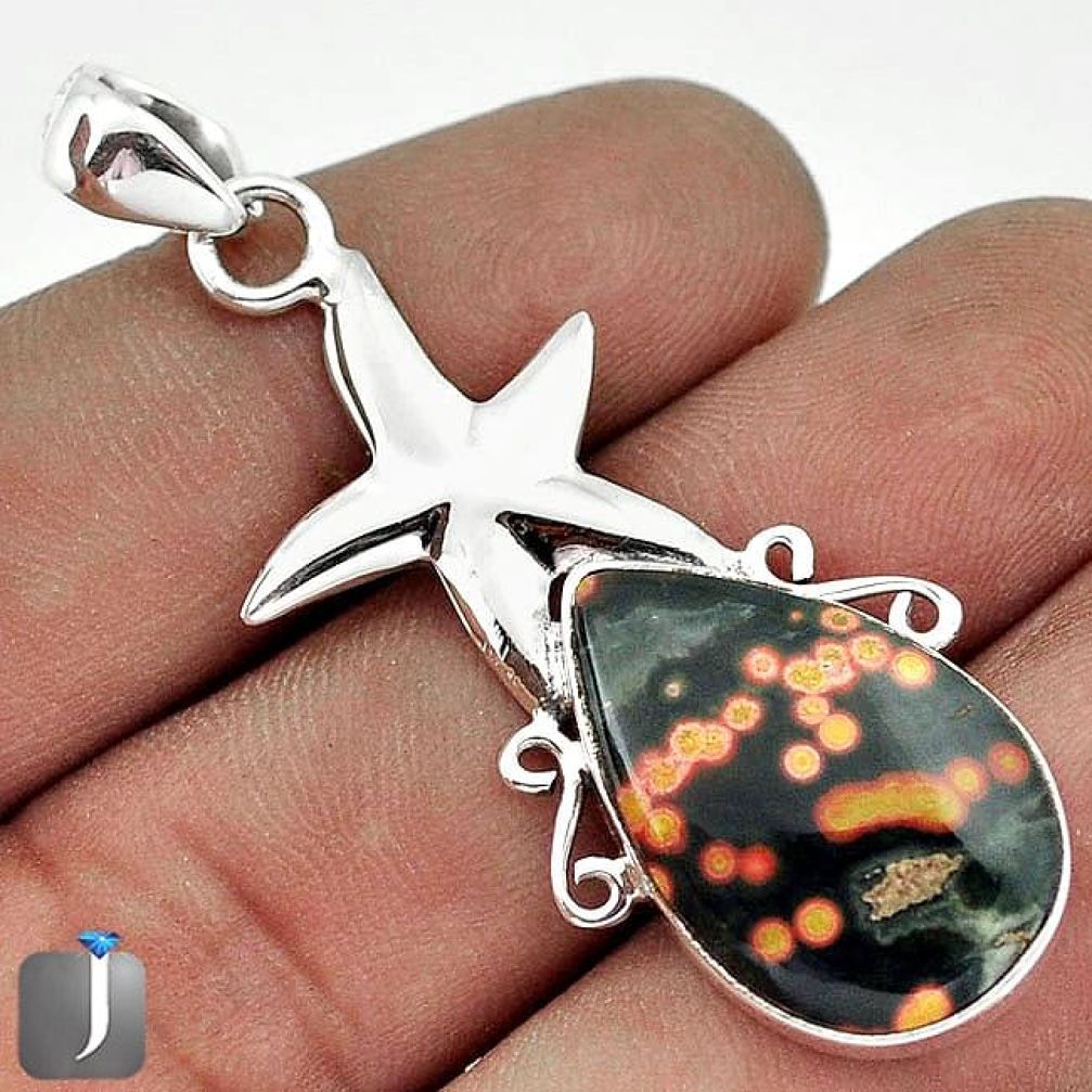 NATURAL GREEN OCEAN SEA JASPER (MADAGASCAR) 925 SILVER STAR FISH PENDANT G27830