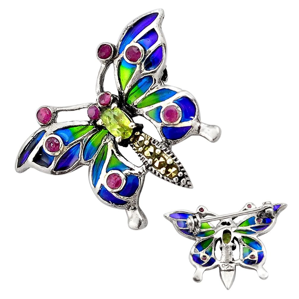 2.78cts natural green peridot ruby enamel silver butterfly brooch pendant c4402