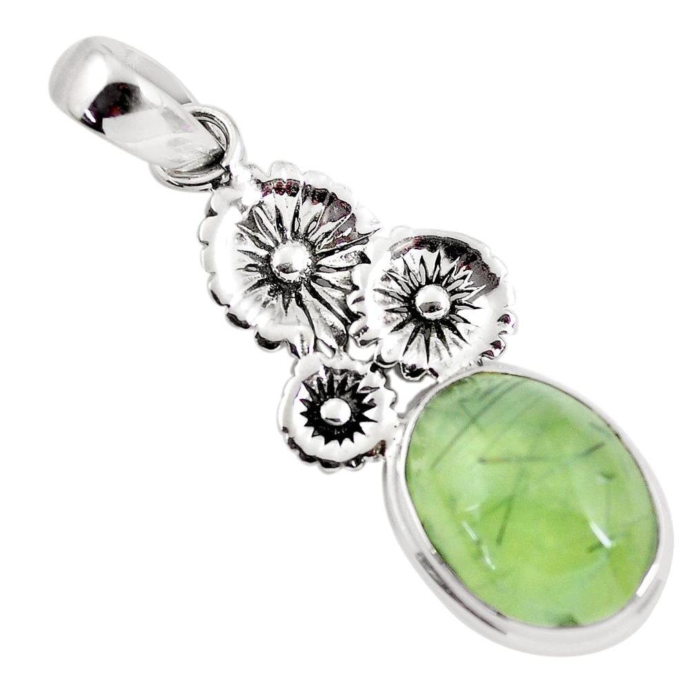 10.81cts natural green prehnite 925 sterling silver flower pendant p55181