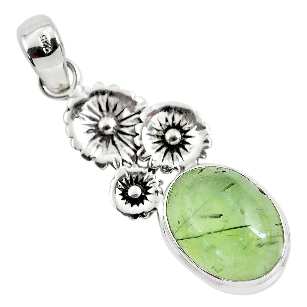 11.19cts natural green prehnite 925 sterling silver flower pendant p55187