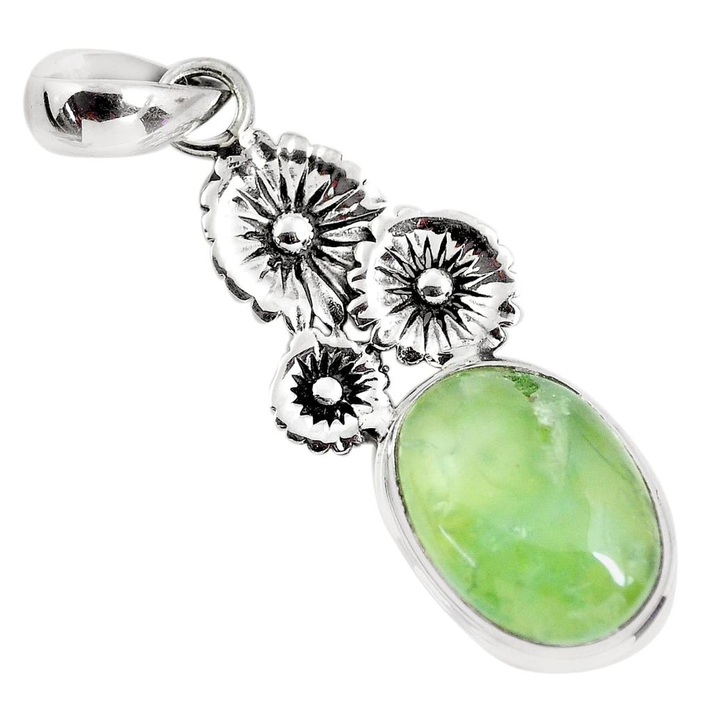 11.44cts natural green prehnite 925 sterling silver flower pendant p55193