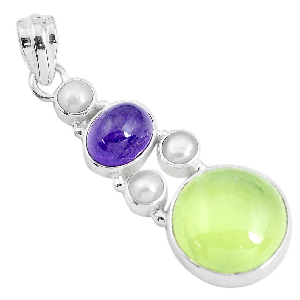 19.56cts natural green prehnite amethyst 925 sterling silver pendant d31015