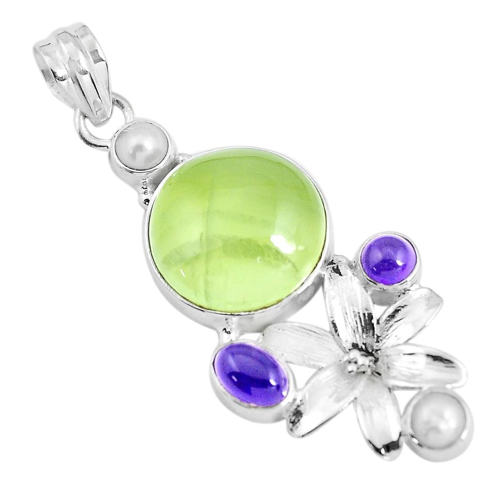 21.32cts natural green prehnite amethyst pearl 925 silver flower pendant d31014
