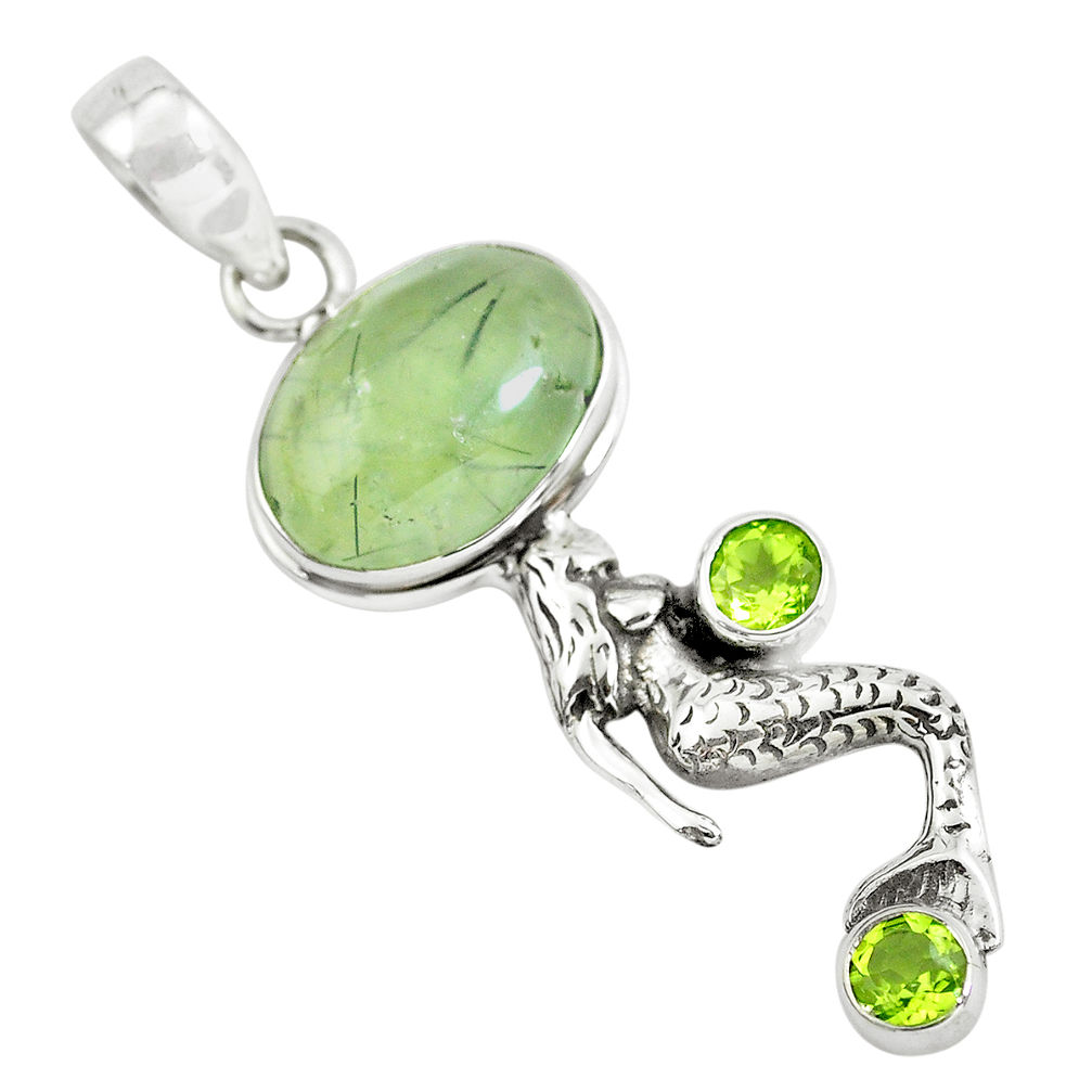 12.31cts natural green prehnite peridot 925 silver fairy mermaid pendant p55402