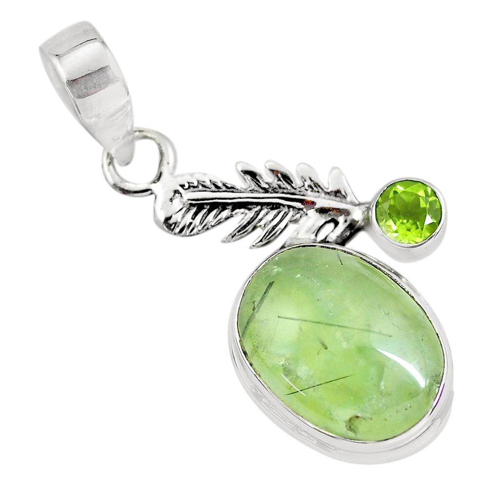 10.81cts natural green prehnite peridot 925 silver feather charm pendant p55186