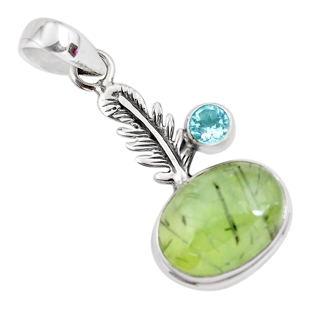 11.23cts natural green prehnite topaz 925 silver feather charm pendant p55190