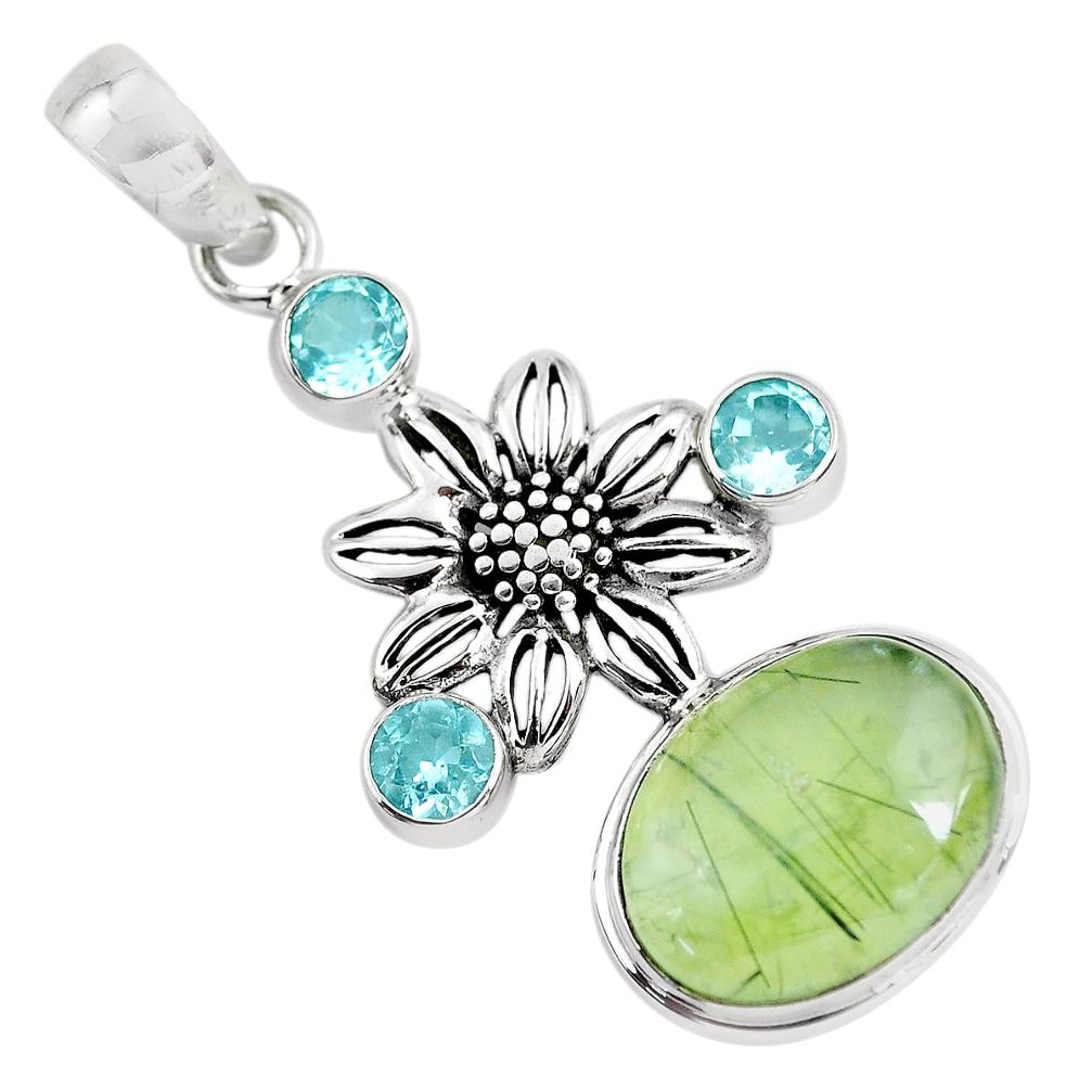 12.32cts natural green prehnite topaz 925 sterling silver flower pendant p55182