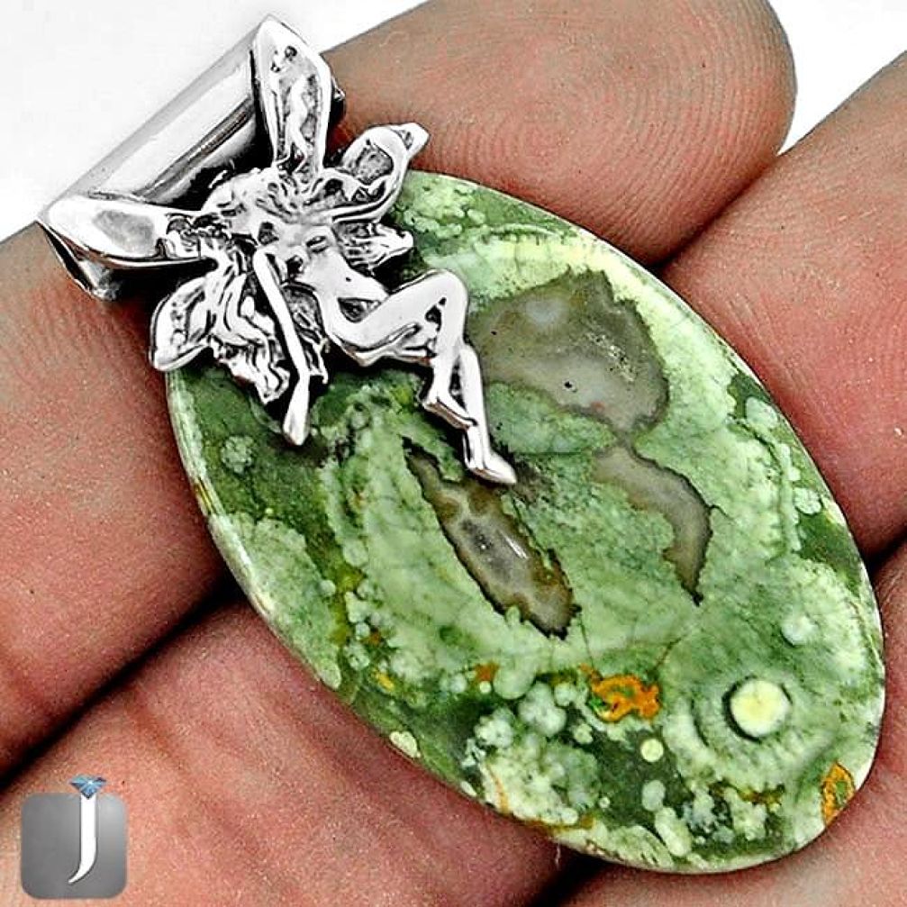 NATURAL GREEN RAINFOREST OPAL ROUGH 925 SILVER ANGEL FAIRY WINGS PENDANT G31217