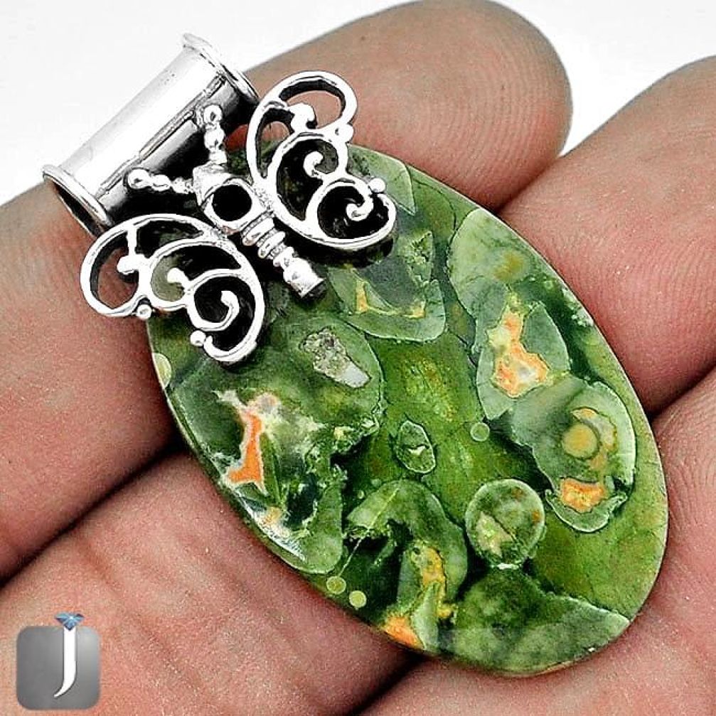 NATURAL GREEN RAINFOREST RHYOLITE JASPER 925 SILVER BUTTERFLY PENDANT G31205