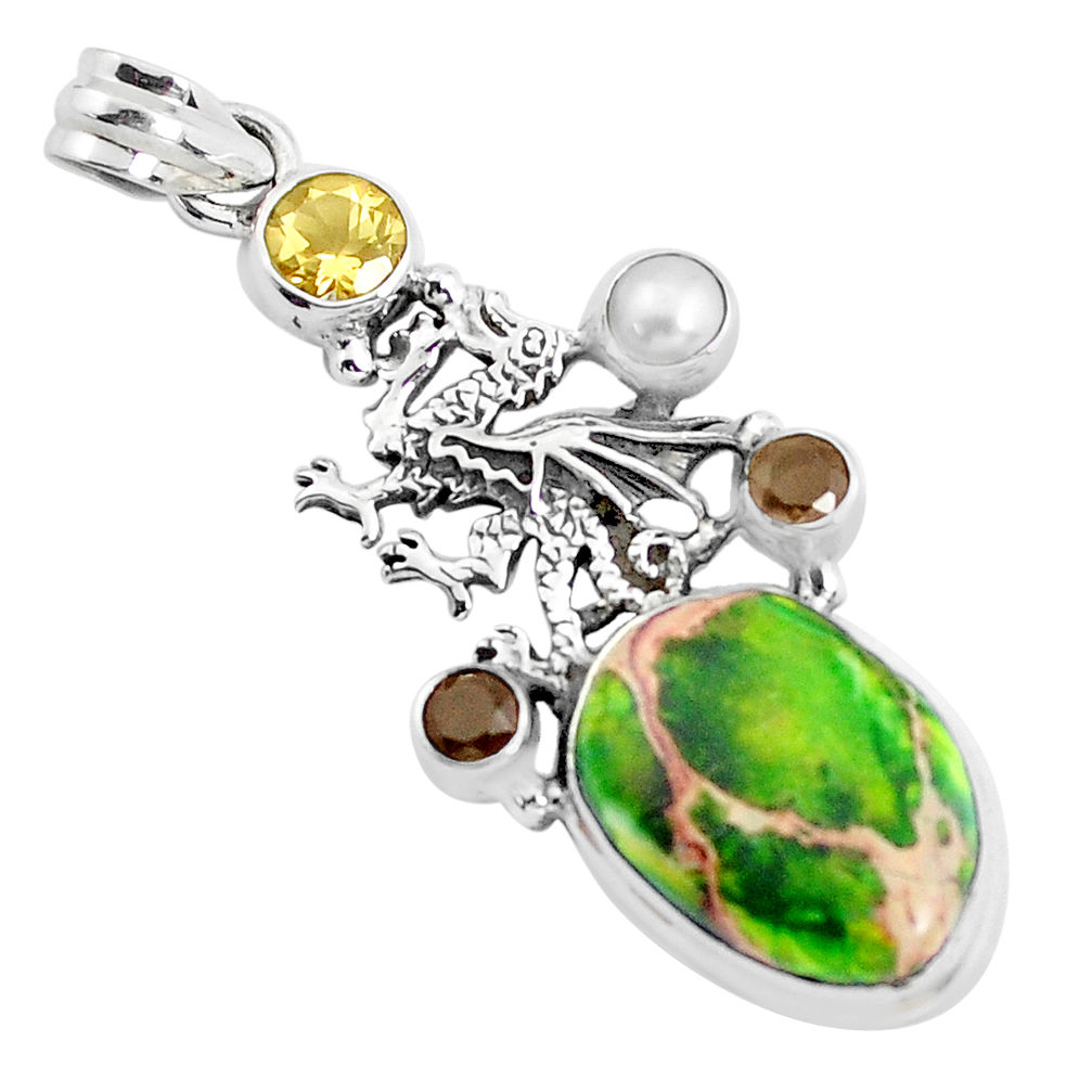 18.63cts natural green sea sediment jasper 925 silver dragon pendant p37658