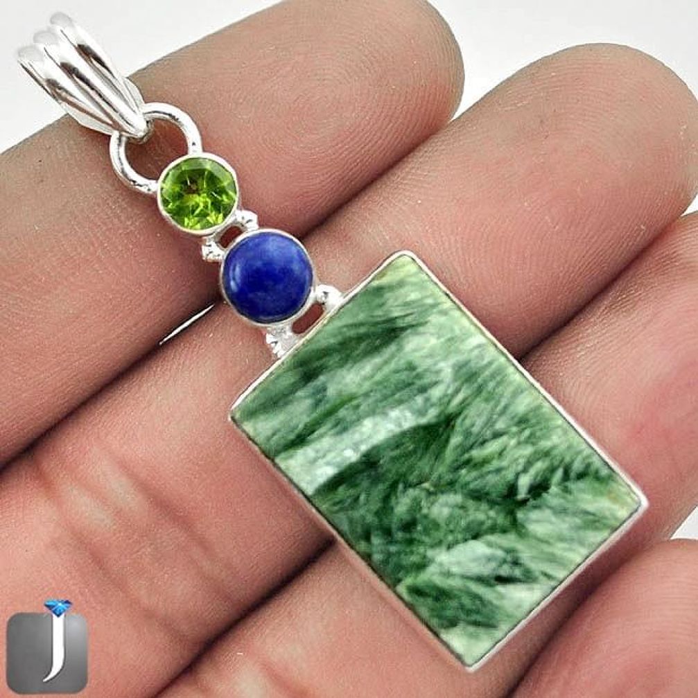 19.46cts NATURAL GREEN SERAPHINITE PERIDOT 925 STERLING SILVER PENDANT E95957