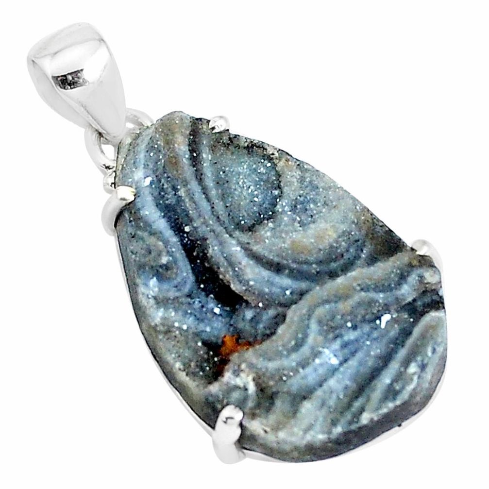 20.75cts natural grey desert druzy (chalcedony rose) 925 silver pendant p39901