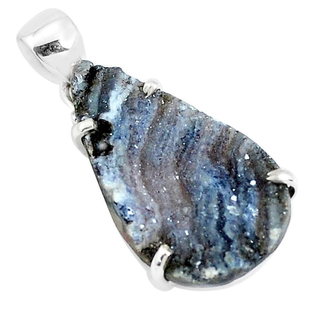 13.36cts natural grey desert druzy (chalcedony rose) 925 silver pendant p39903