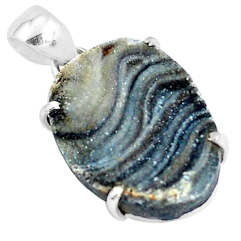 16.18cts natural grey desert druzy (chalcedony rose) 925 silver pendant p39911