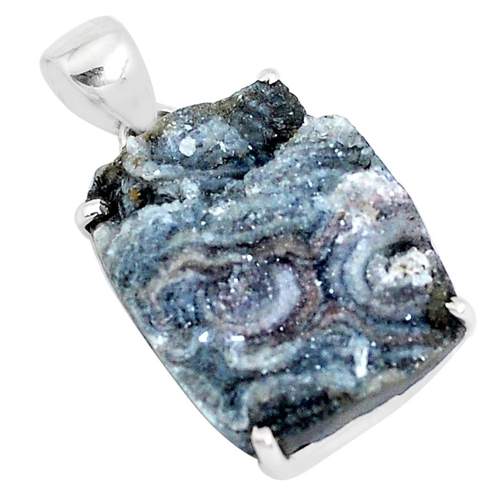 19.74cts natural grey desert druzy (chalcedony rose) 925 silver pendant p39924