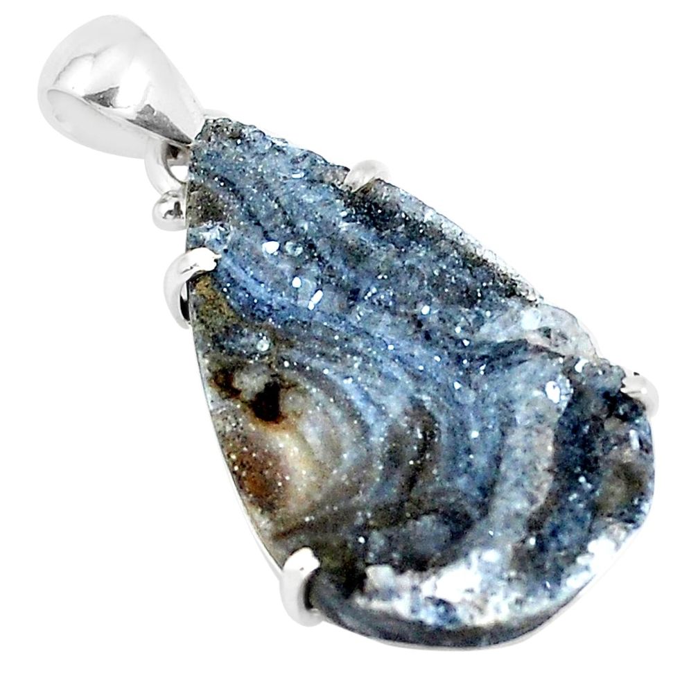 17.84cts natural grey desert druzy (chalcedony rose) 925 silver pendant p39925
