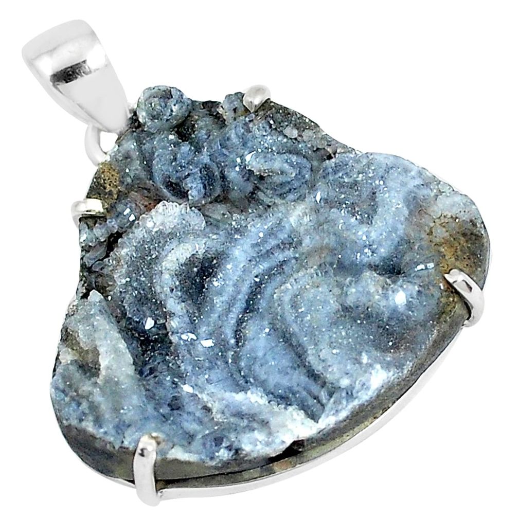 30.22cts natural grey desert druzy (chalcedony rose) 925 silver pendant p39939