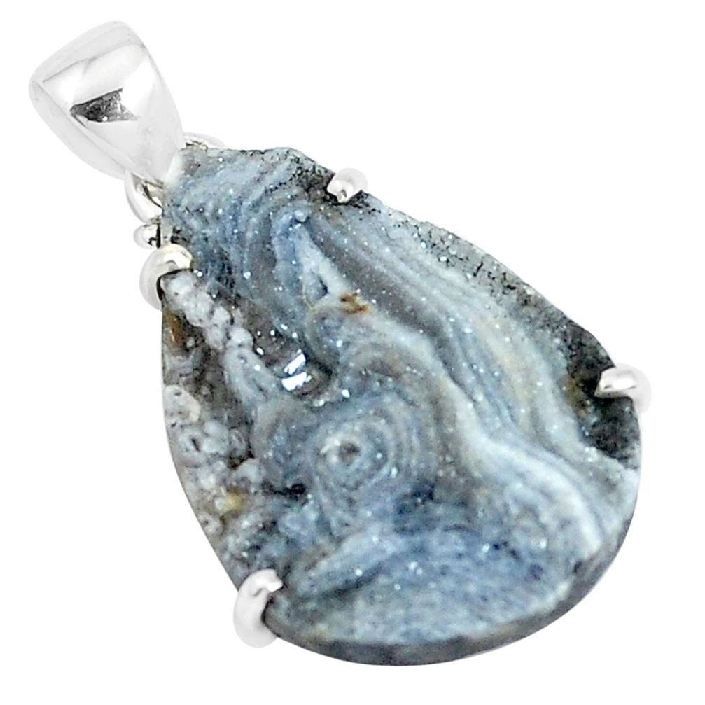 16.74cts natural grey desert druzy (chalcedony rose) 925 silver pendant p39942