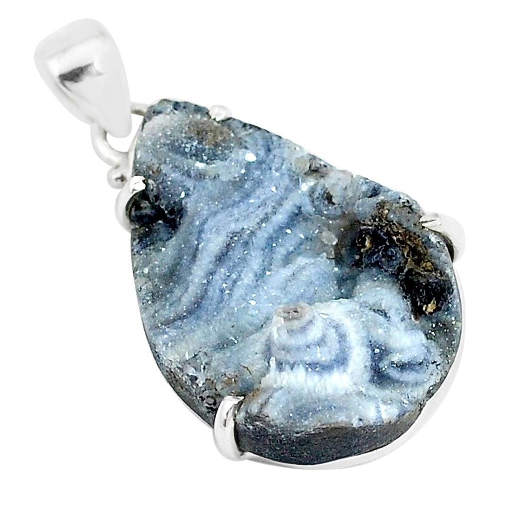 21.20cts natural grey desert druzy (chalcedony rose) 925 silver pendant p39948