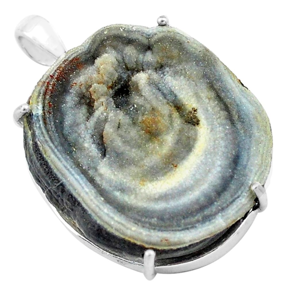 44.45cts natural grey desert druzy (chalcedony rose) 925 silver pendant p74169