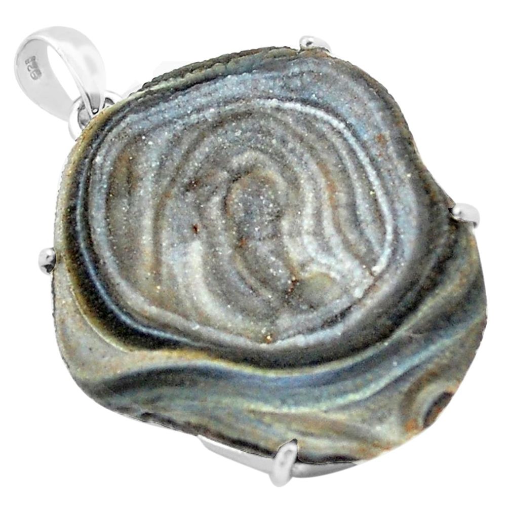 35.65cts natural grey desert druzy (chalcedony rose) 925 silver pendant p74173