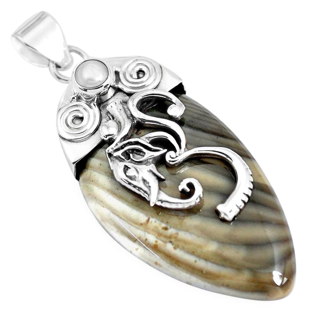 34.21cts natural grey striped flint ohio 925 silver elephant pendant p45561