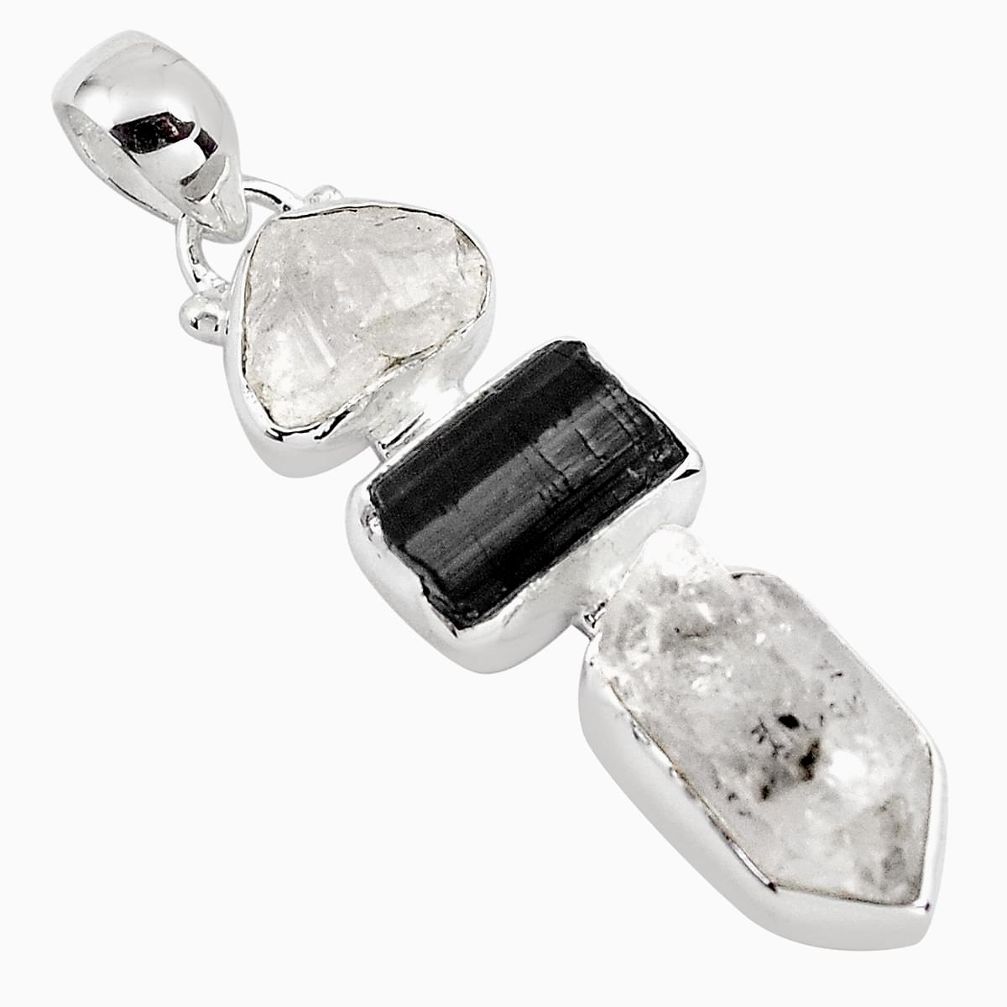 13.15cts natural herkimer diamond tourmaline rough 925 silver pendant p88013