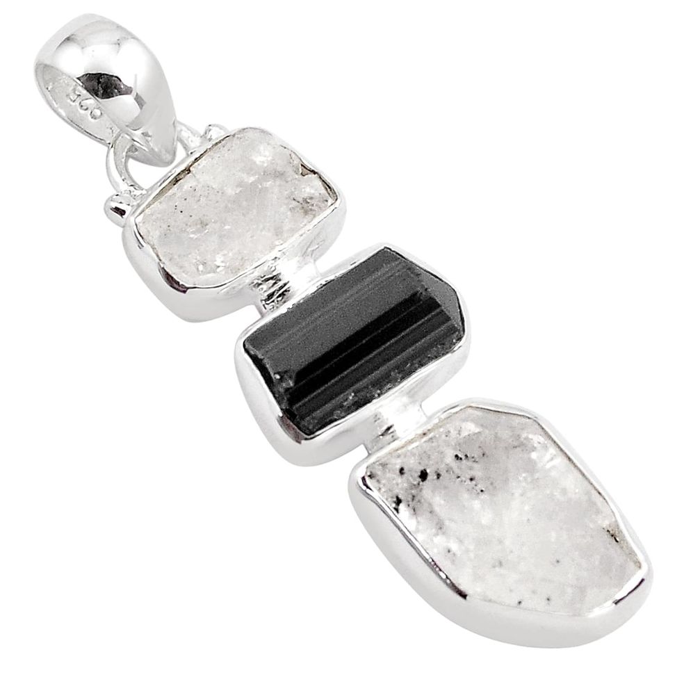 12.62cts natural herkimer diamond tourmaline rough 925 silver pendant p88015