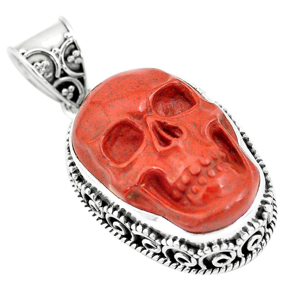 16.81cts natural jasper red 925 sterling silver skull pendant carving p77340