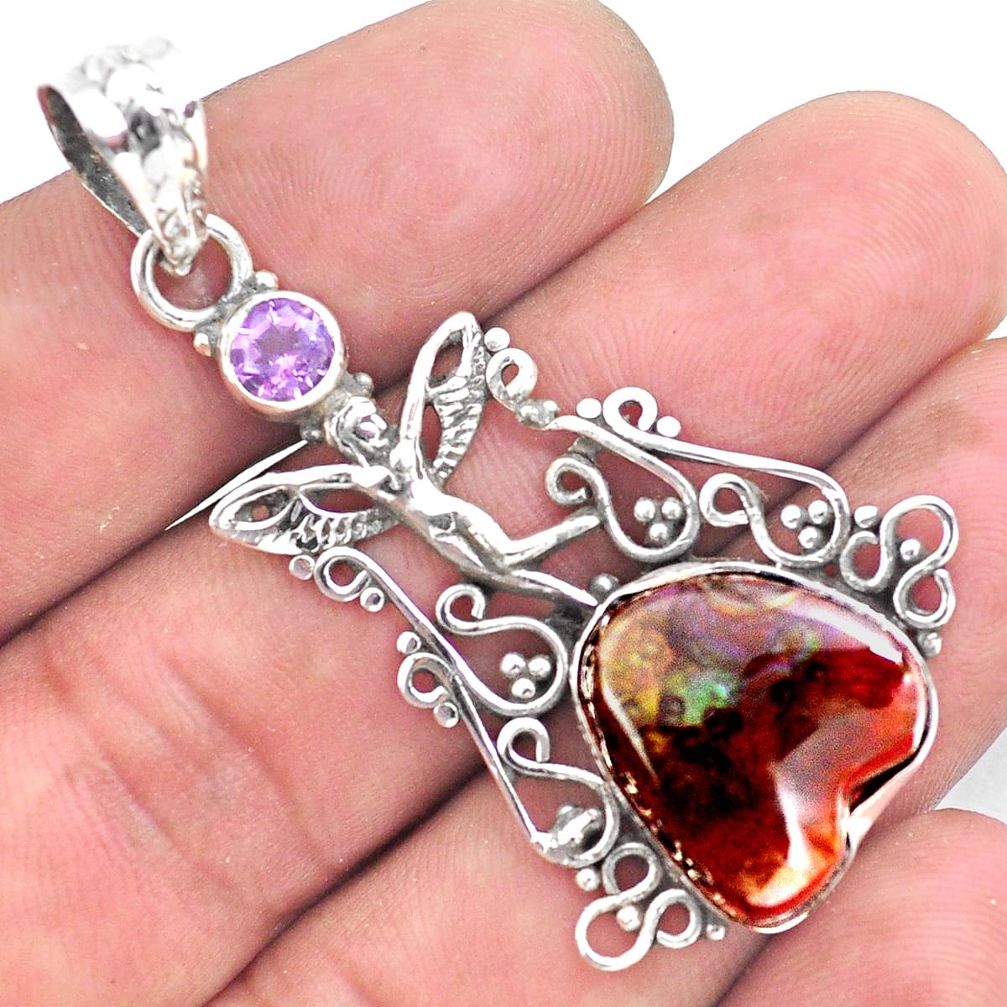 15.31cts natural mexican fire agate 925 silver angel wings fairy pendant p53977
