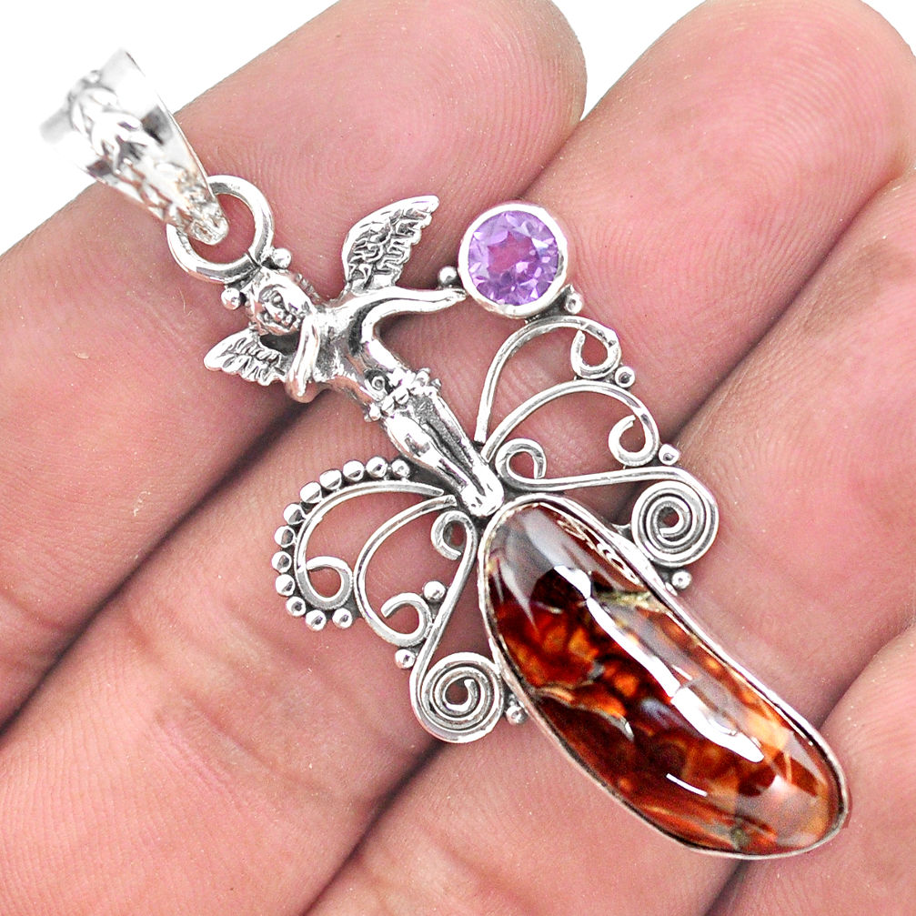 13.28cts natural mexican fire agate 925 silver angel wings fairy pendant p53979