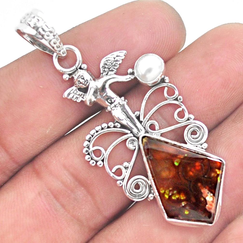 12.07cts natural mexican fire agate 925 silver cupid angel wings pendant p53994