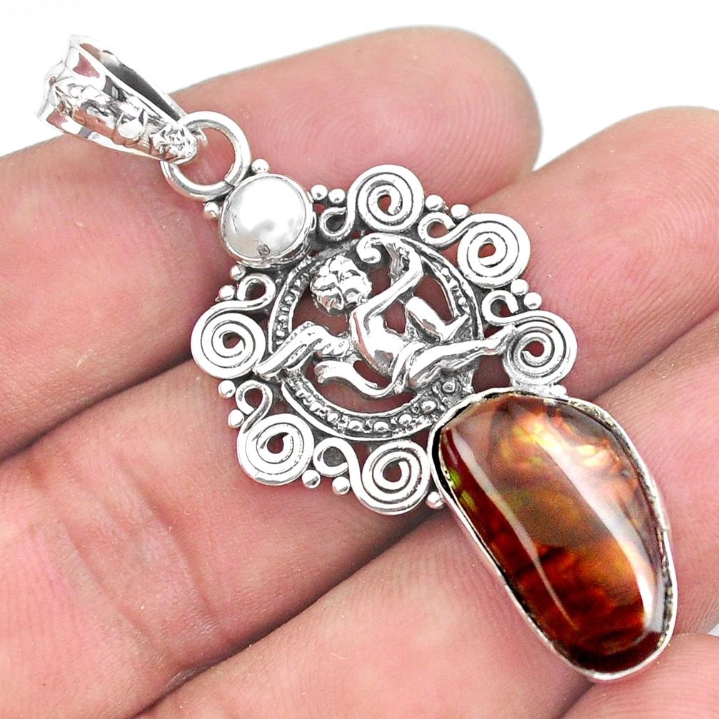 13.28cts natural mexican fire agate 925 silver cupid angel wings pendant p53995