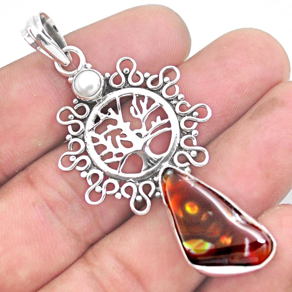 11.89cts natural mexican fire agate 925 silver tree of life pendant p53957