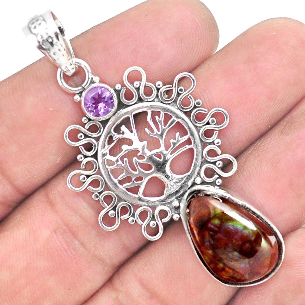 14.41cts natural mexican fire agate 925 silver tree of life pendant p54019