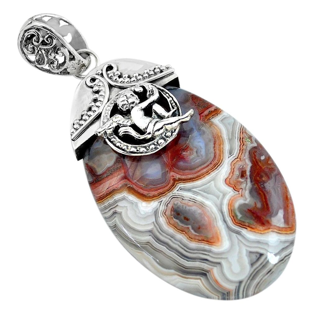 Natural mexican laguna lace agate 925 silver cupid angel wings pendant d31821