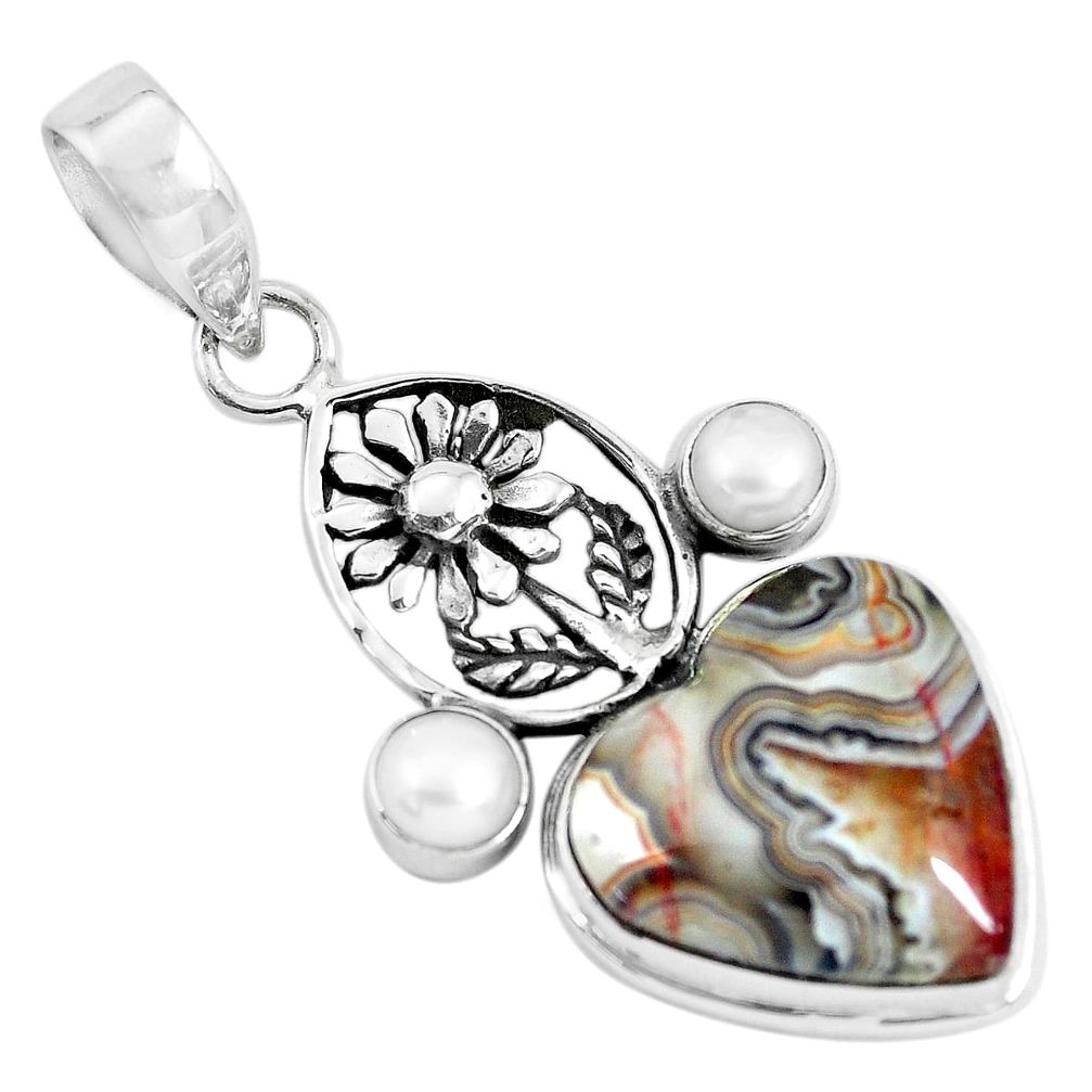 15.74cts natural mexican laguna lace agate heart silver flower pendant p55075