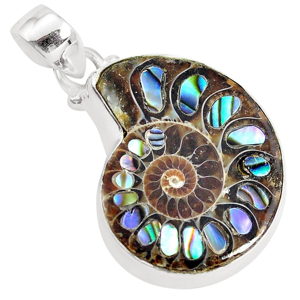 17.95cts natural multi color abalone in ammonite 925 silver pendant p35848