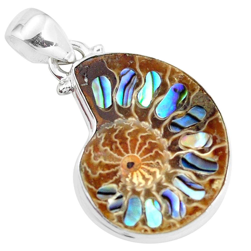 12.07cts natural multi color abalone in ammonite 925 silver pendant p35849