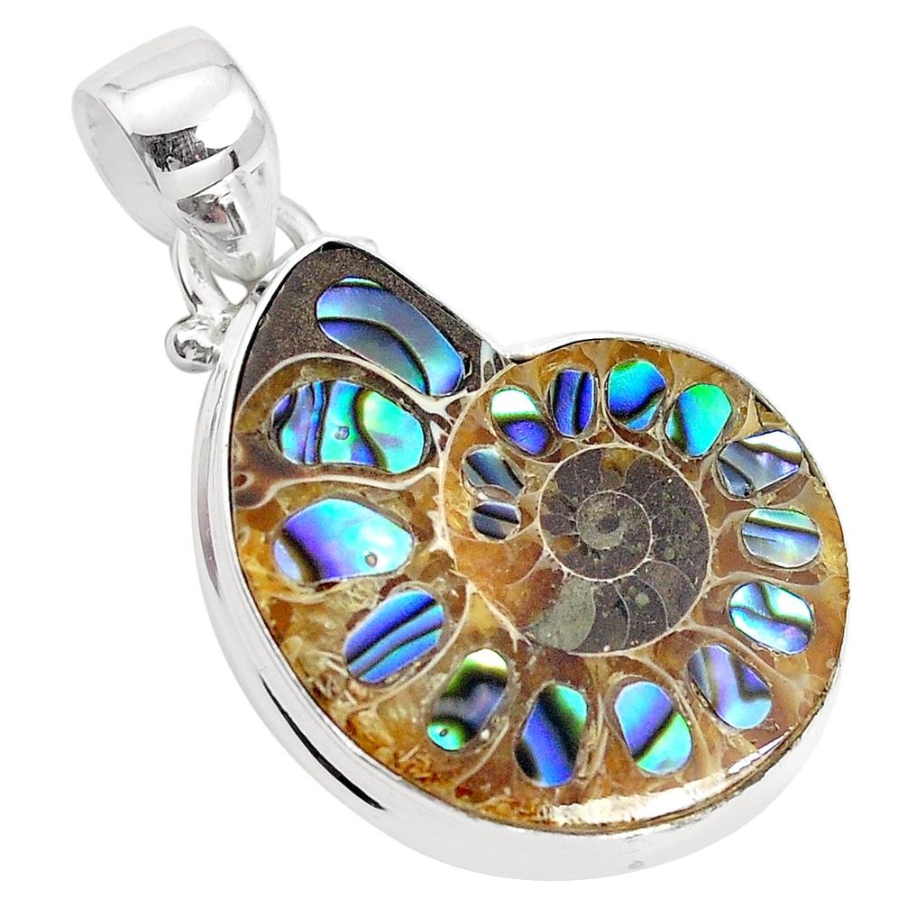 15.02cts natural multi color abalone in ammonite 925 silver pendant p35853