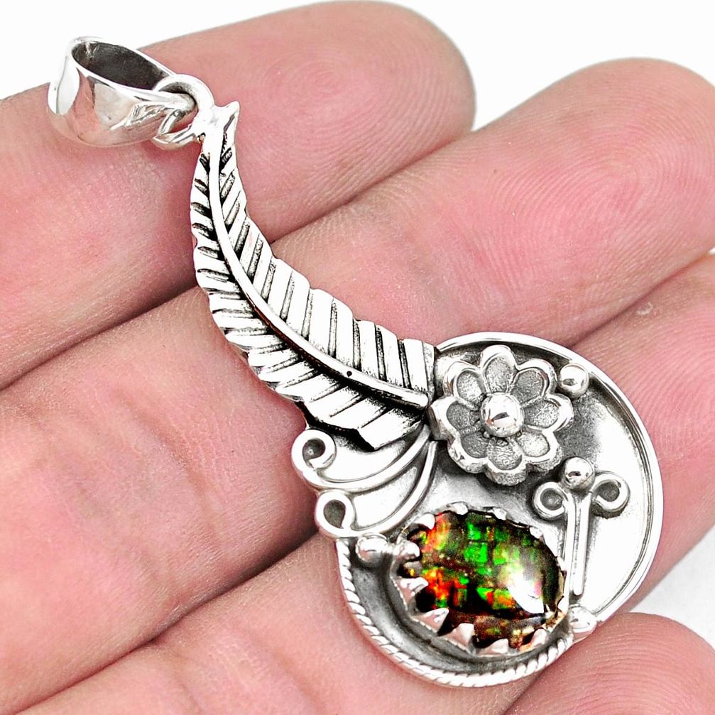 4.82cts natural multi color ammolite (canadian) 925 silver flower pendant p42142